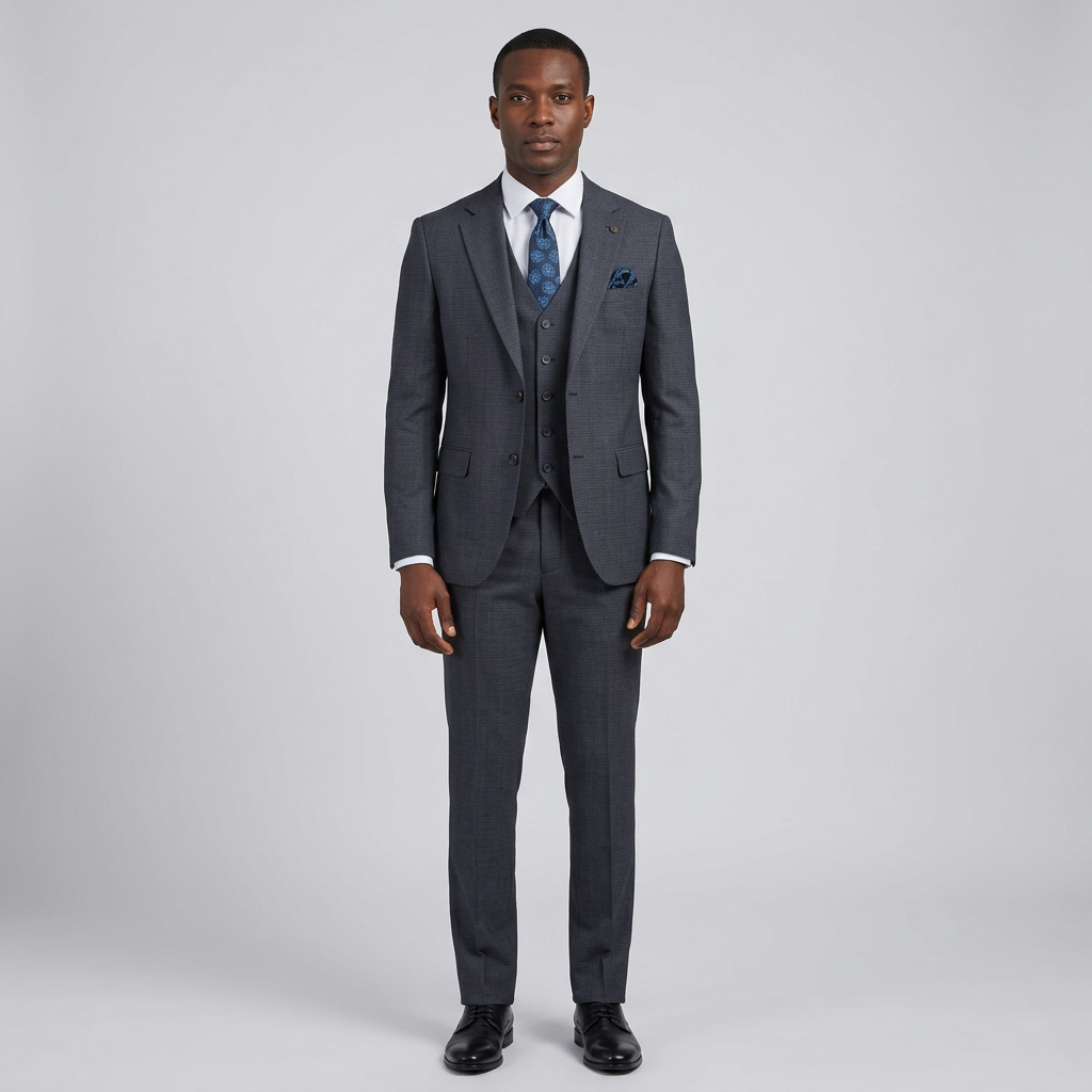 Full-body Black adult model wearing a charcoal textured three-piece suit