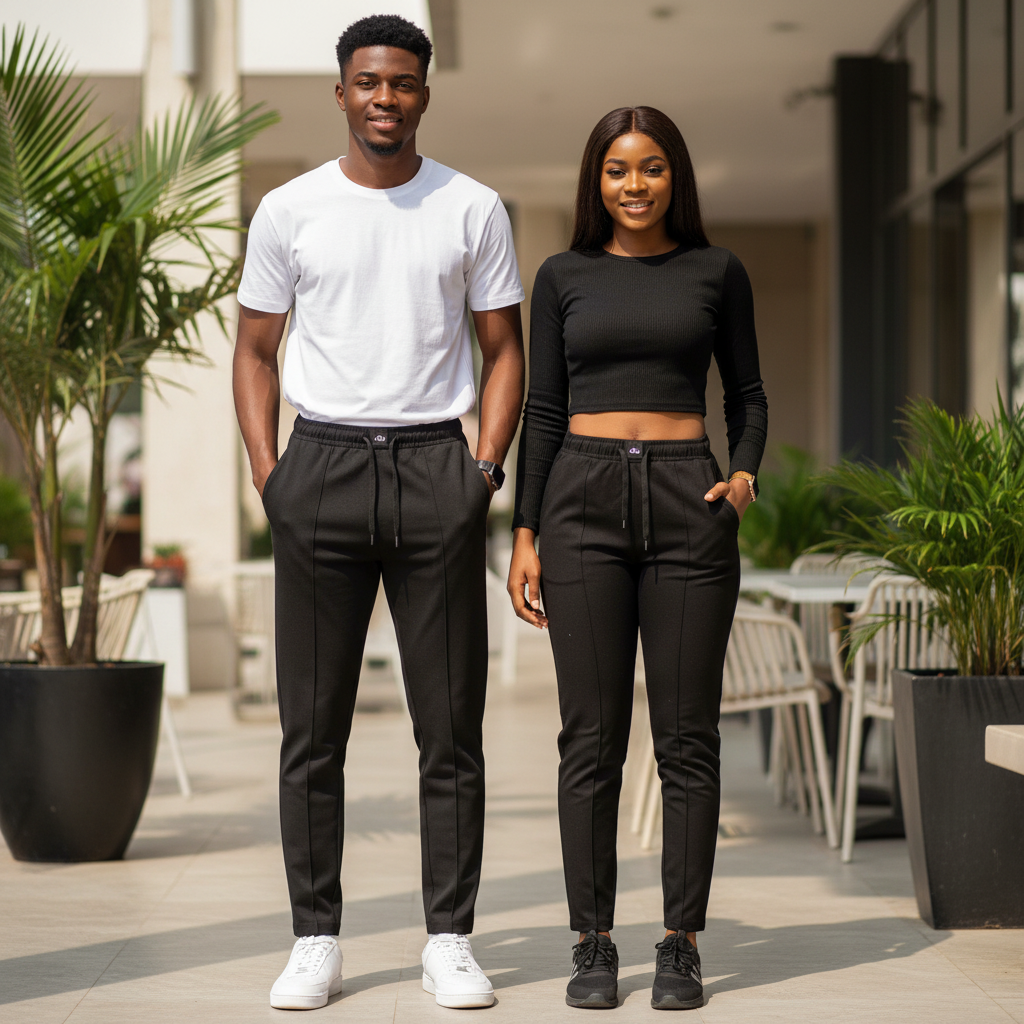 Nigerian male and female models wearing black ALO tapered drawstring trousers