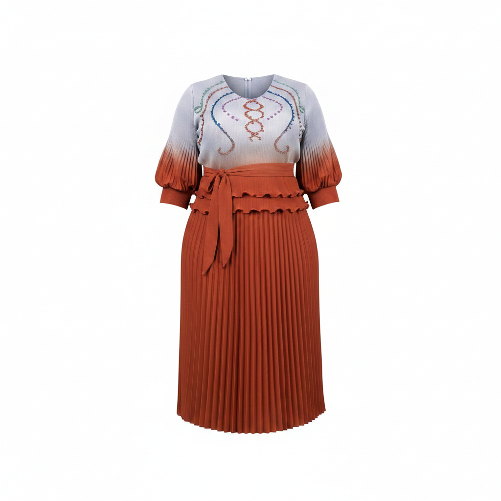 Ghost mannequin view of grey and rust ombre embroidered top and pleated midi skirt set