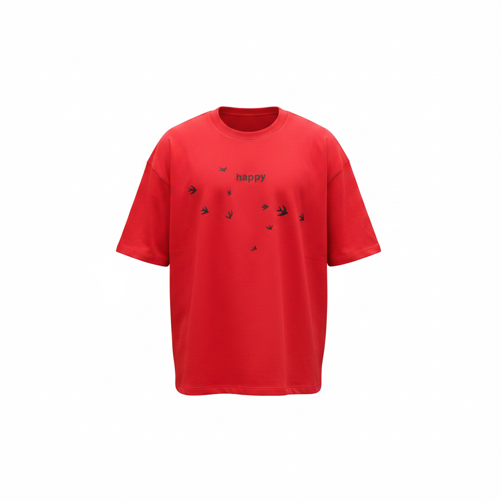 Red oversized happy bird graphic tee ghost mannequin view