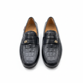 Men's navy croc-embossed penny loafer pair ghost mannequin front and profile view