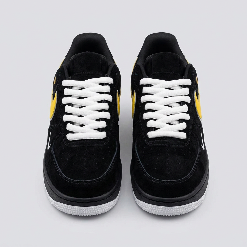 Black suede low-top sneakers with yellow side logo, front view