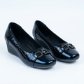Matching black glossy croc-embossed buckle-detail wedge shoes