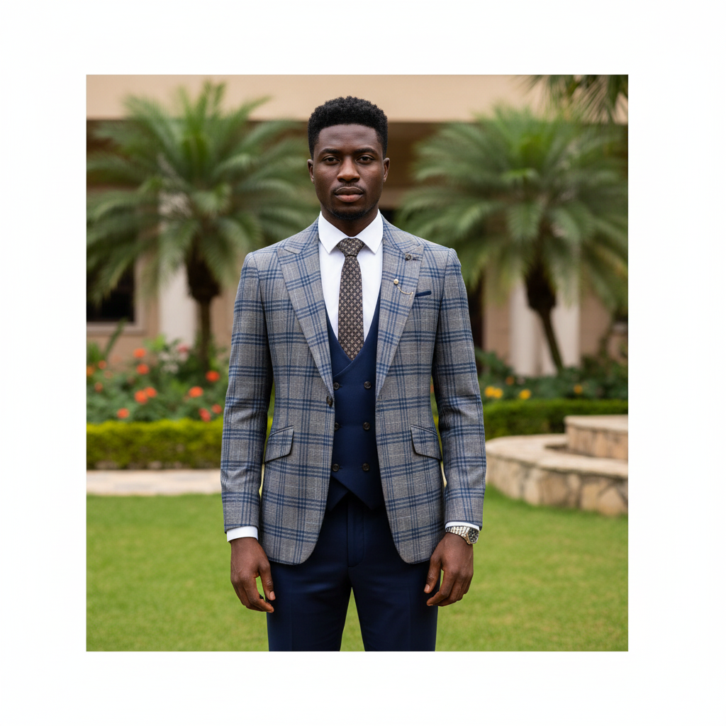 Nigerian male model wearing grey and navy blue glen plaid three-piece suit