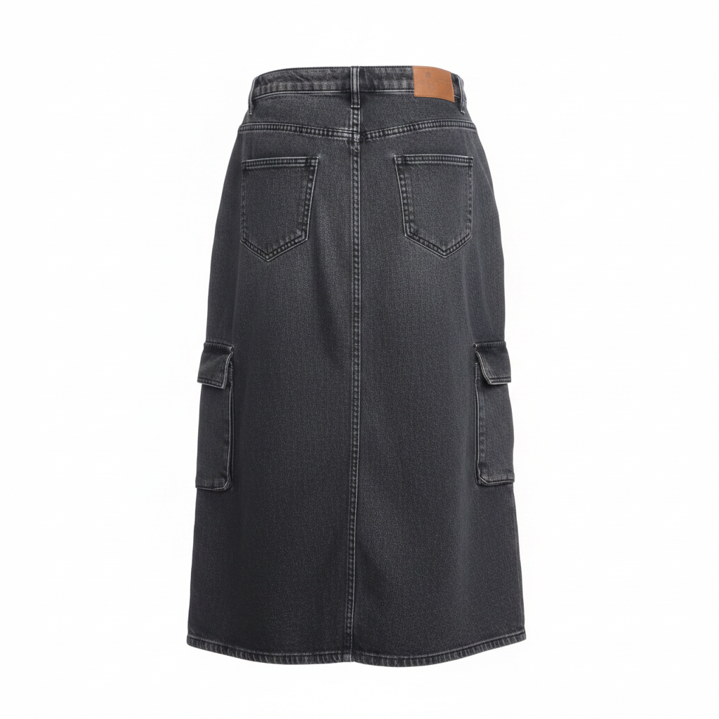 Charcoal Grey Multi-Pocket Heavy Cargo Denim Skirt - Ghost Mannequin Back