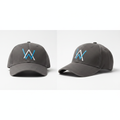 Olive green khaki geometric logo baseball cap with white and blue embroidery product shot front and side view