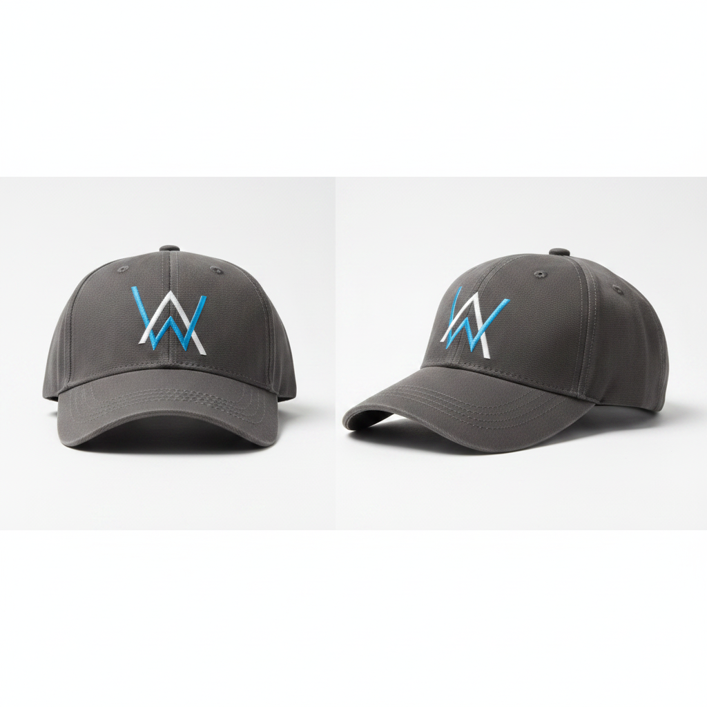 Olive green khaki geometric logo baseball cap with white and blue embroidery product shot front and side view