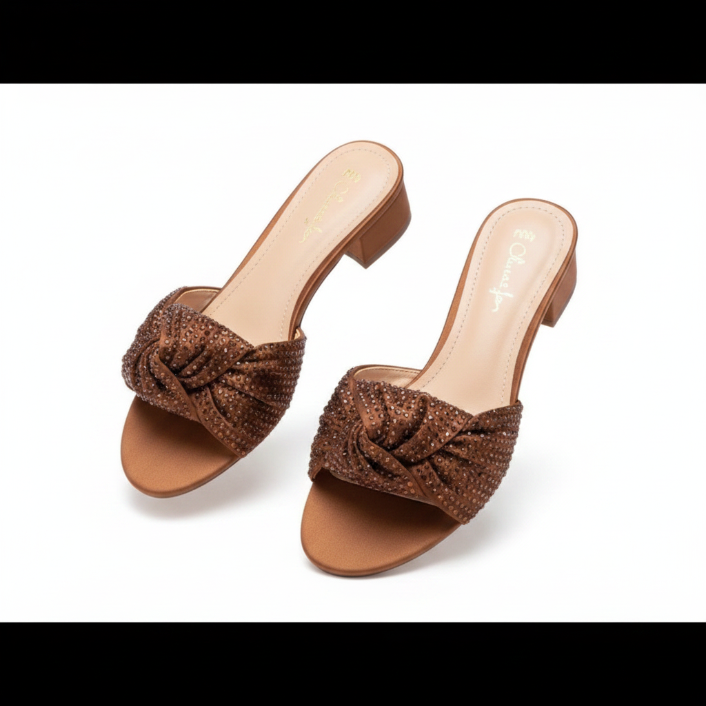 Women's Rhinestone Knotted Bow Slide Slipper - Brown Ghost Mannequin