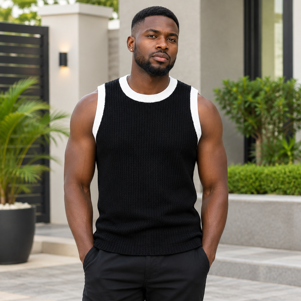 Black Nigerian adult model wearing a black sleeveless tank top with white contrast trim