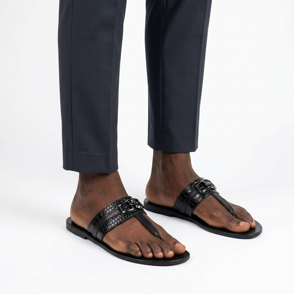 Black male model wearing both black croc-textured thong sandals on white