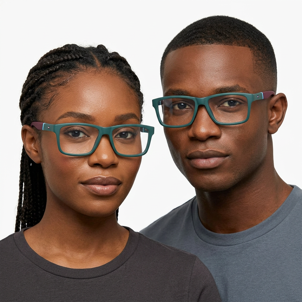 Black adult woman and man wearing teal rectangular eyeglasses with burgundy arms