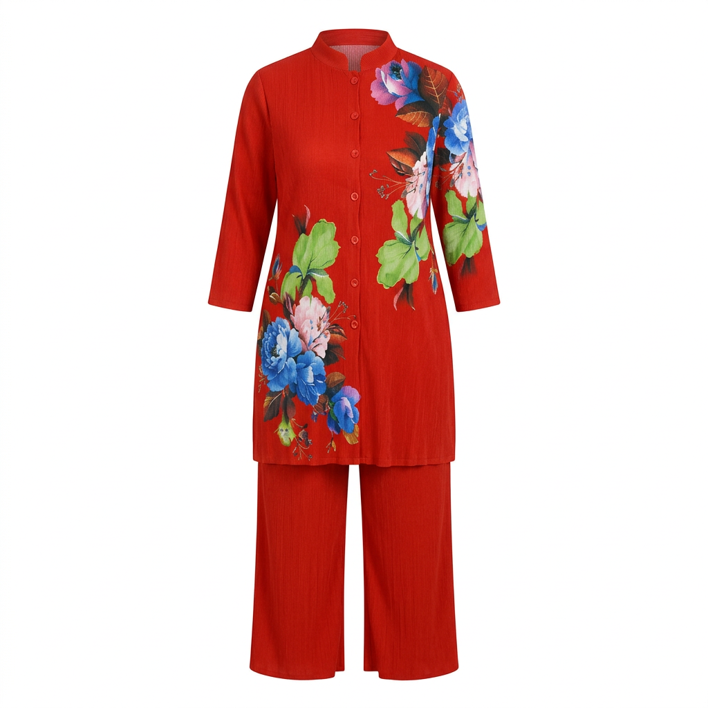 Red floral tunic and cropped wide-leg trousers on an invisible mannequin