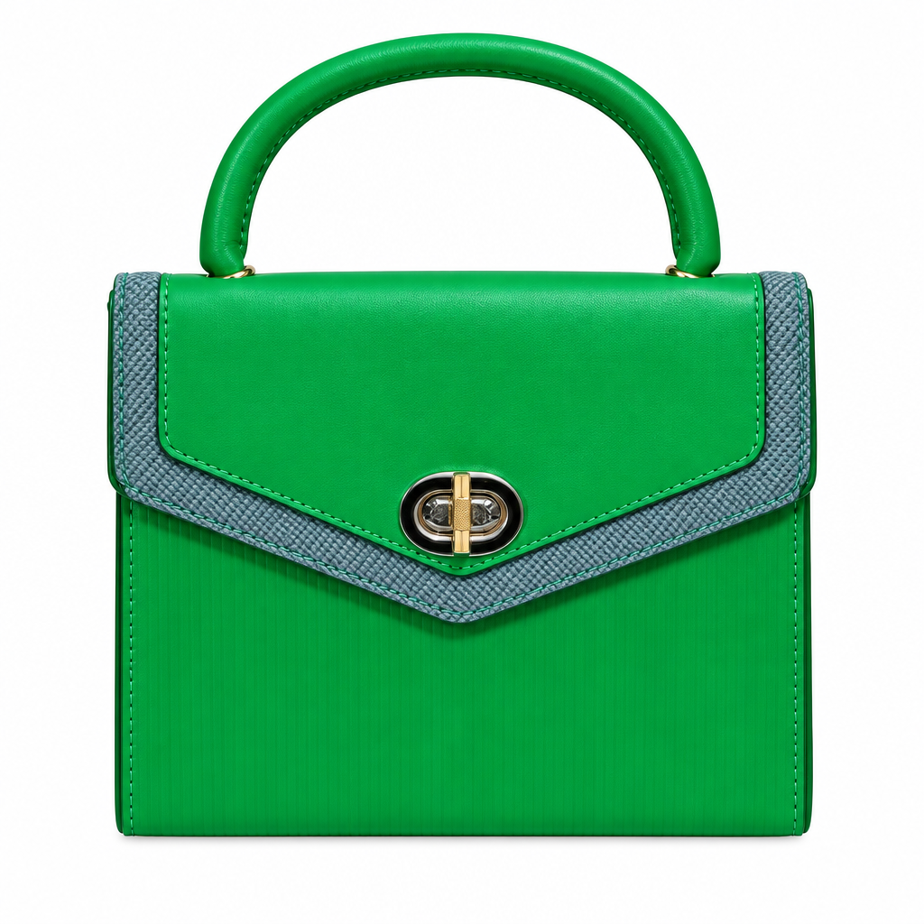 Green top-handle handbag with grey woven trim and oval clasp