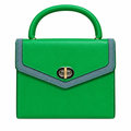 Green top-handle handbag with grey woven trim and oval clasp