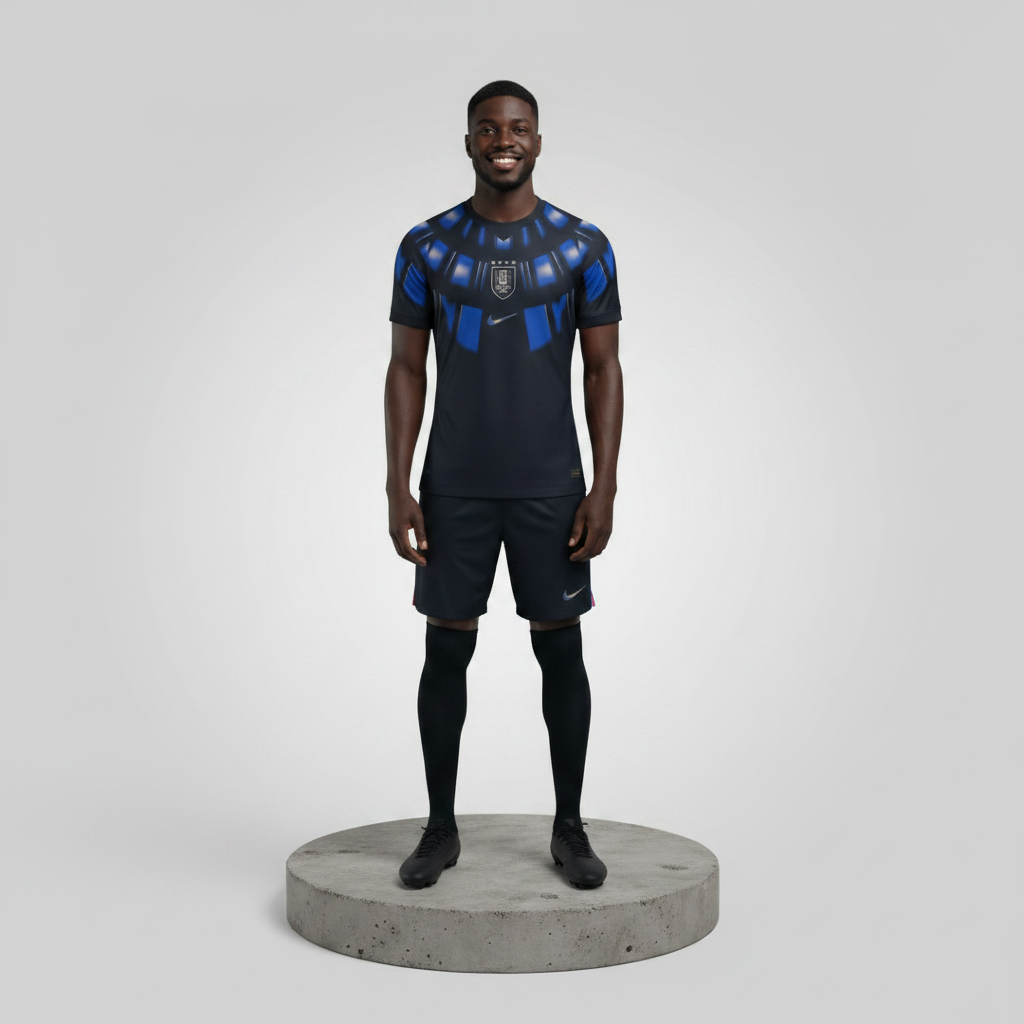 Nigerian male model wearing black blue feather graphic football jersey on concrete plinth