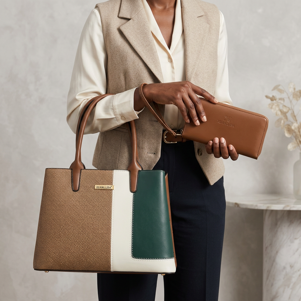 Close-up model holding the colour-block tote and brown wristlet