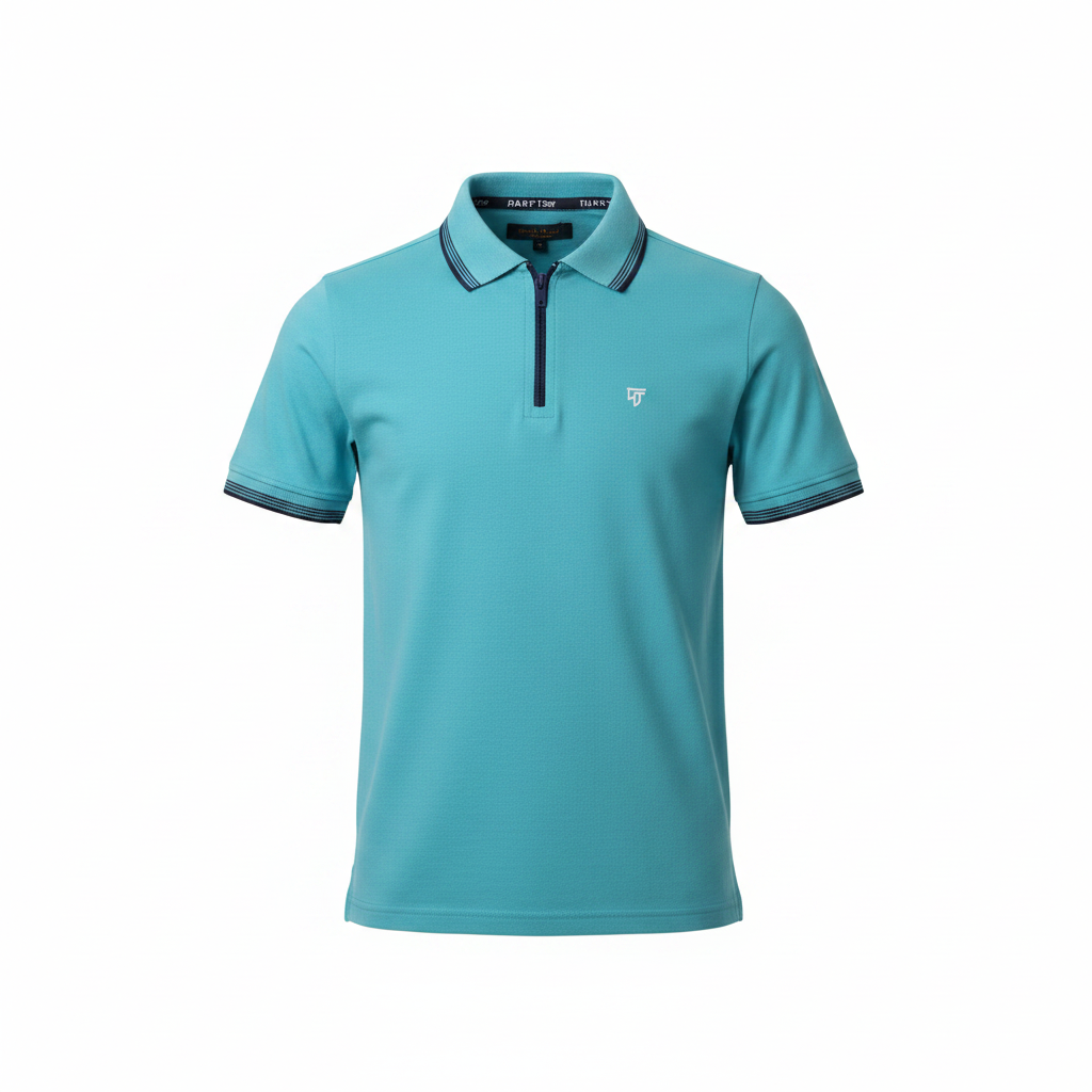 Kids' aqua blue polo shirt with navy collar trim and striped cuffs ghost mannequin view