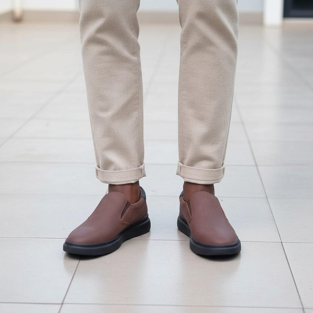 Nigerian male model leg focus wearing brown matte leather slip-on loafers