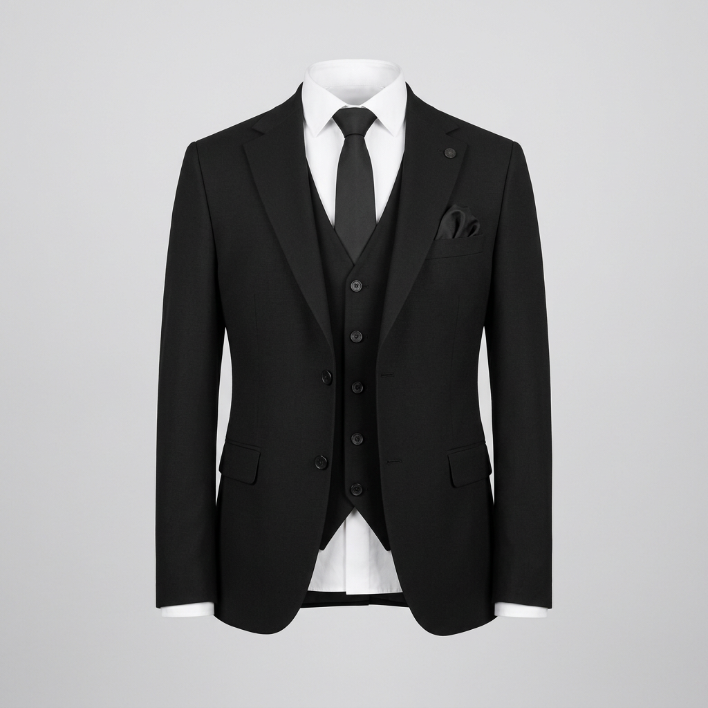 Black notch-lapel suit jacket and waistcoat in ghost mannequin styling