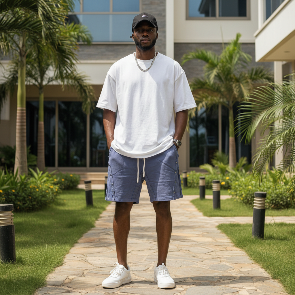 Nigerian male model wearing muted indigo snap-detail distressed sweat shorts — full body streetwear shot