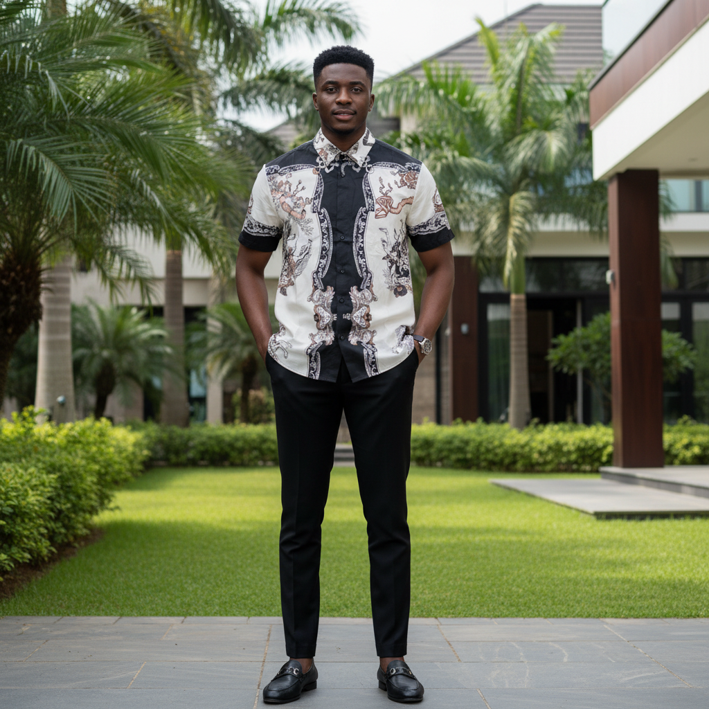 Nigerian male model wearing white baroque panel print short-sleeve shirt