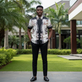 Nigerian male model wearing white baroque panel print short-sleeve shirt