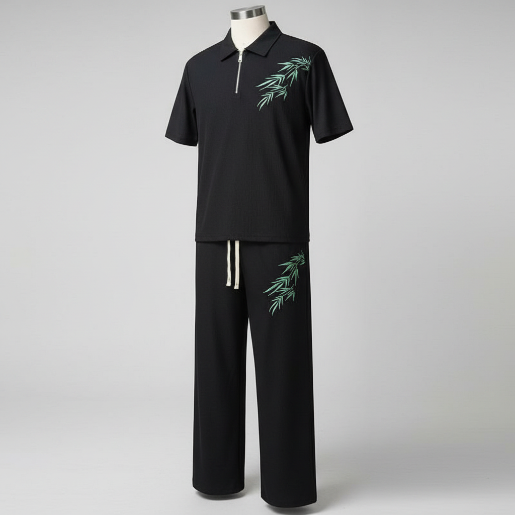 Ghost mannequin black bamboo leaf ribbed polo and trouser two-piece set