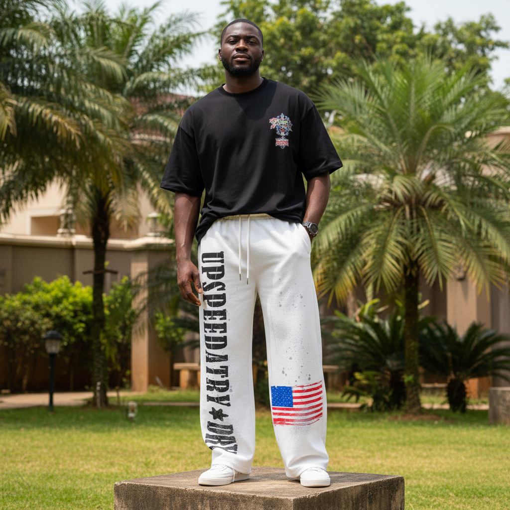 Nigerian male model wearing white graphic print wide-leg sweatpants – full body lifestyle shot