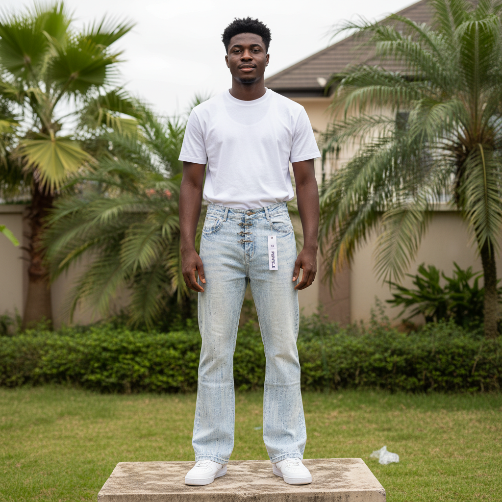 Nigerian male model full body wearing men's ice blue all-over splatter fleck slim-flare denim jeans