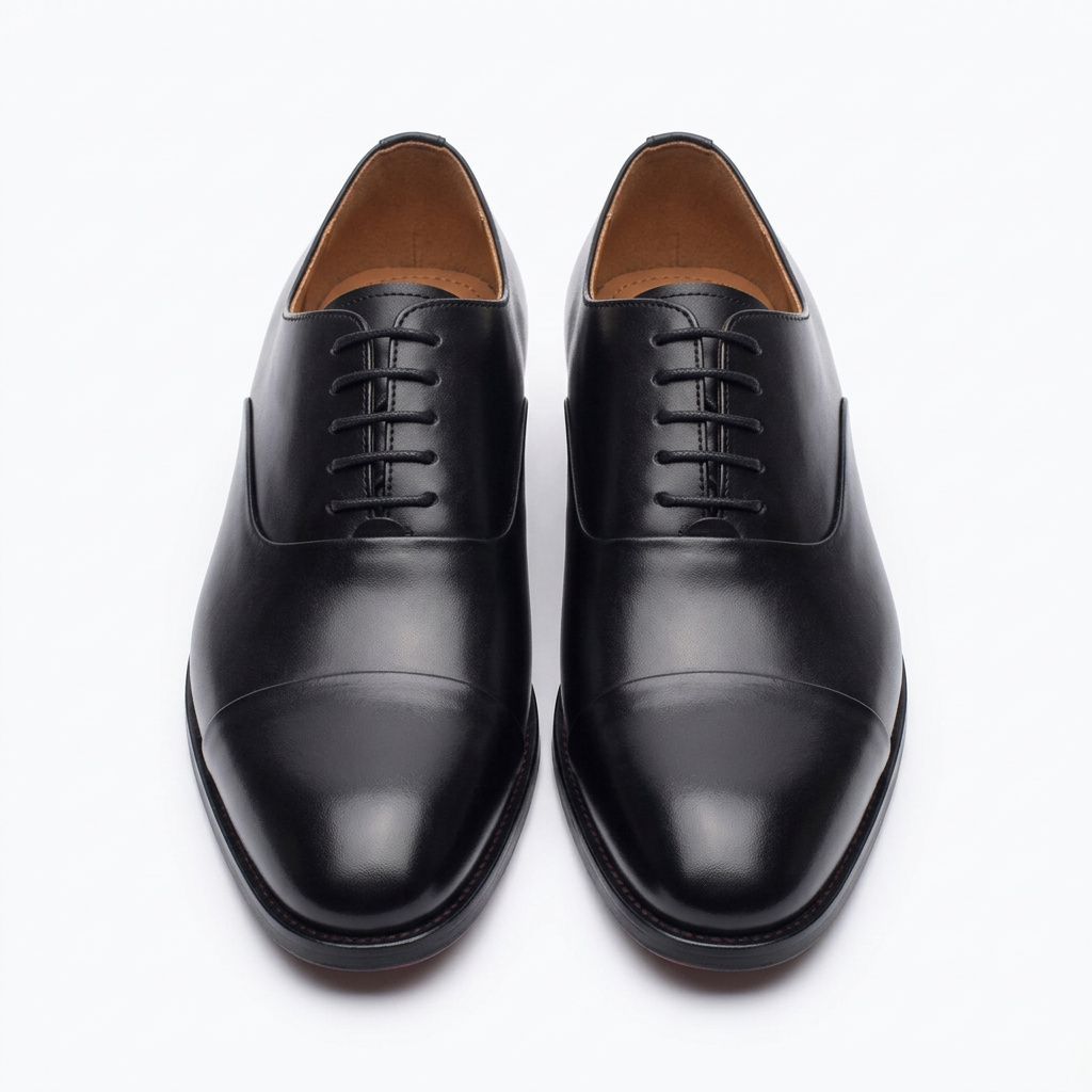 Straight-on black smooth cap-toe Oxford shoes with dark laces