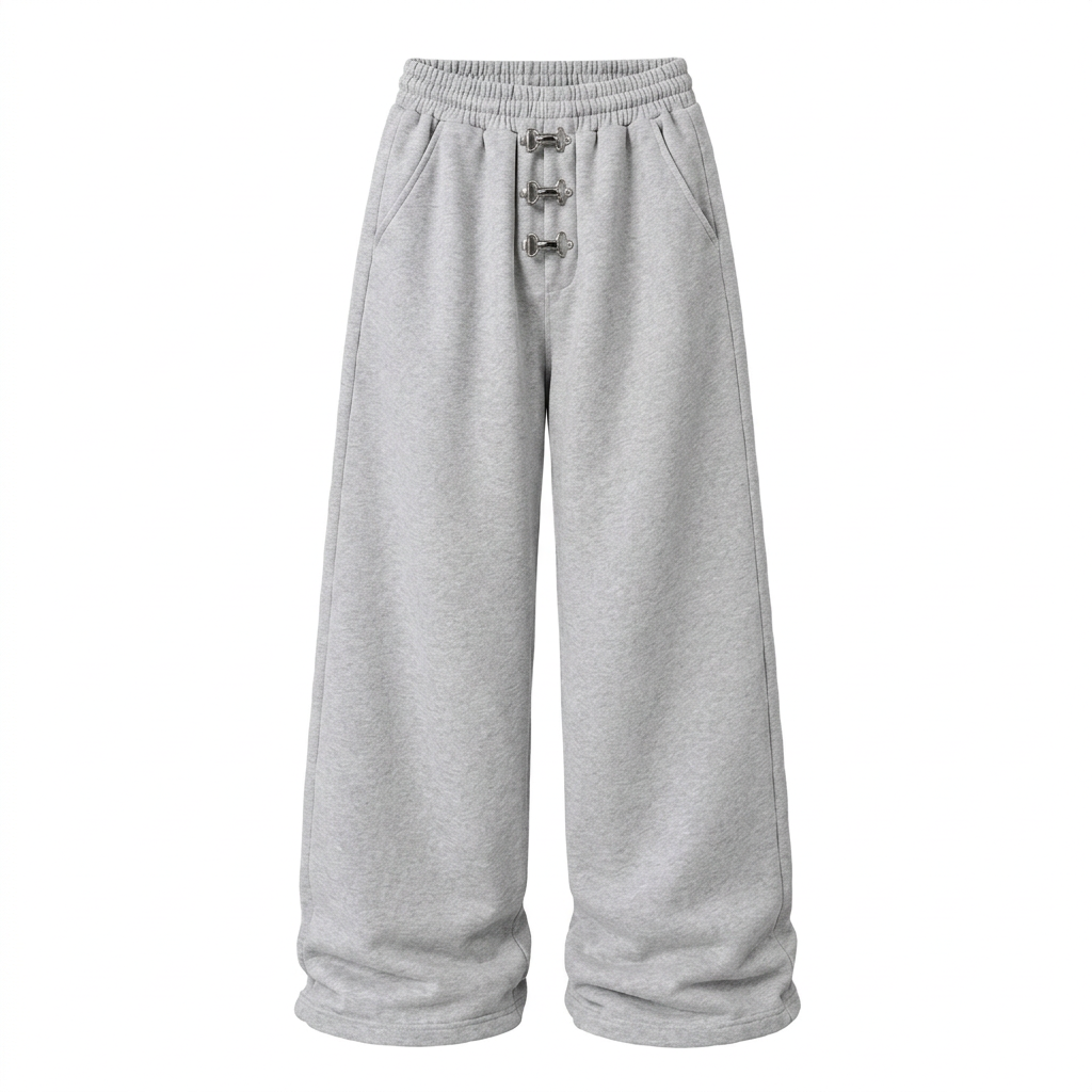 Light-grey wide-leg trousers with three silver-tone front clasps