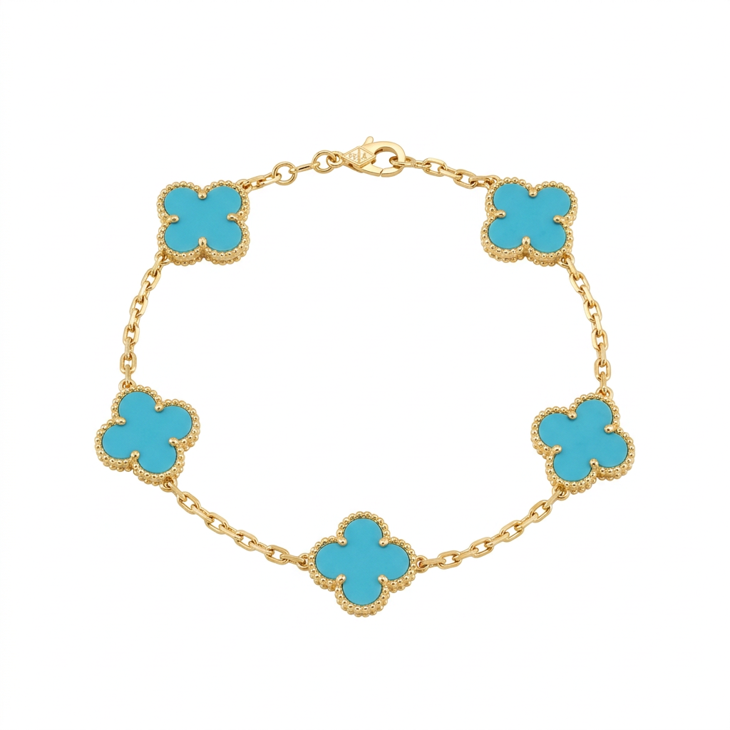 Turquoise-colour clover bracelet with gold-tone chain