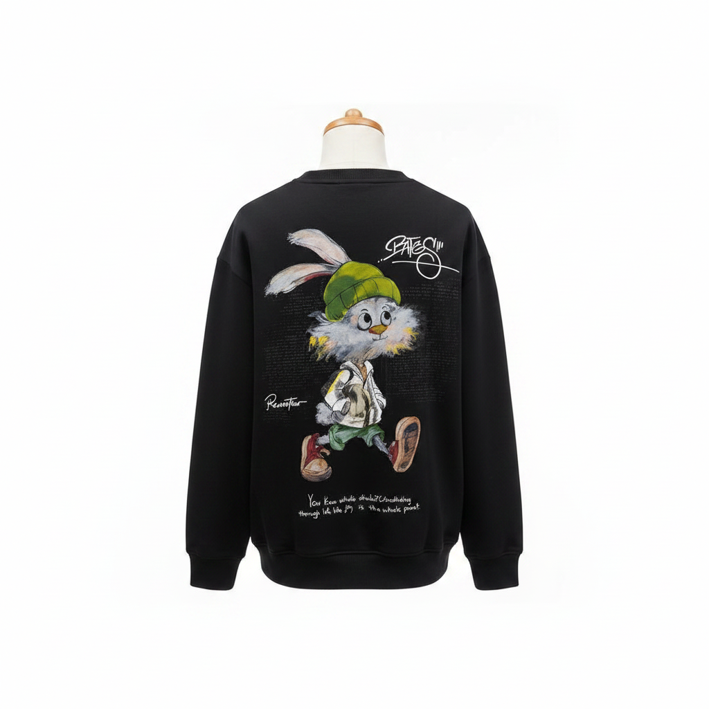 Ghost mannequin black BATES running bunny graphic sweatshirt back view