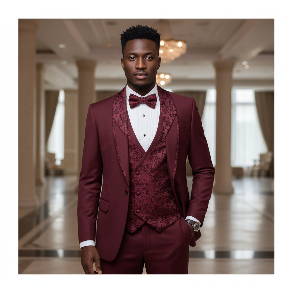 Nigerian male model wearing wine paisley jacquard 3-piece suit