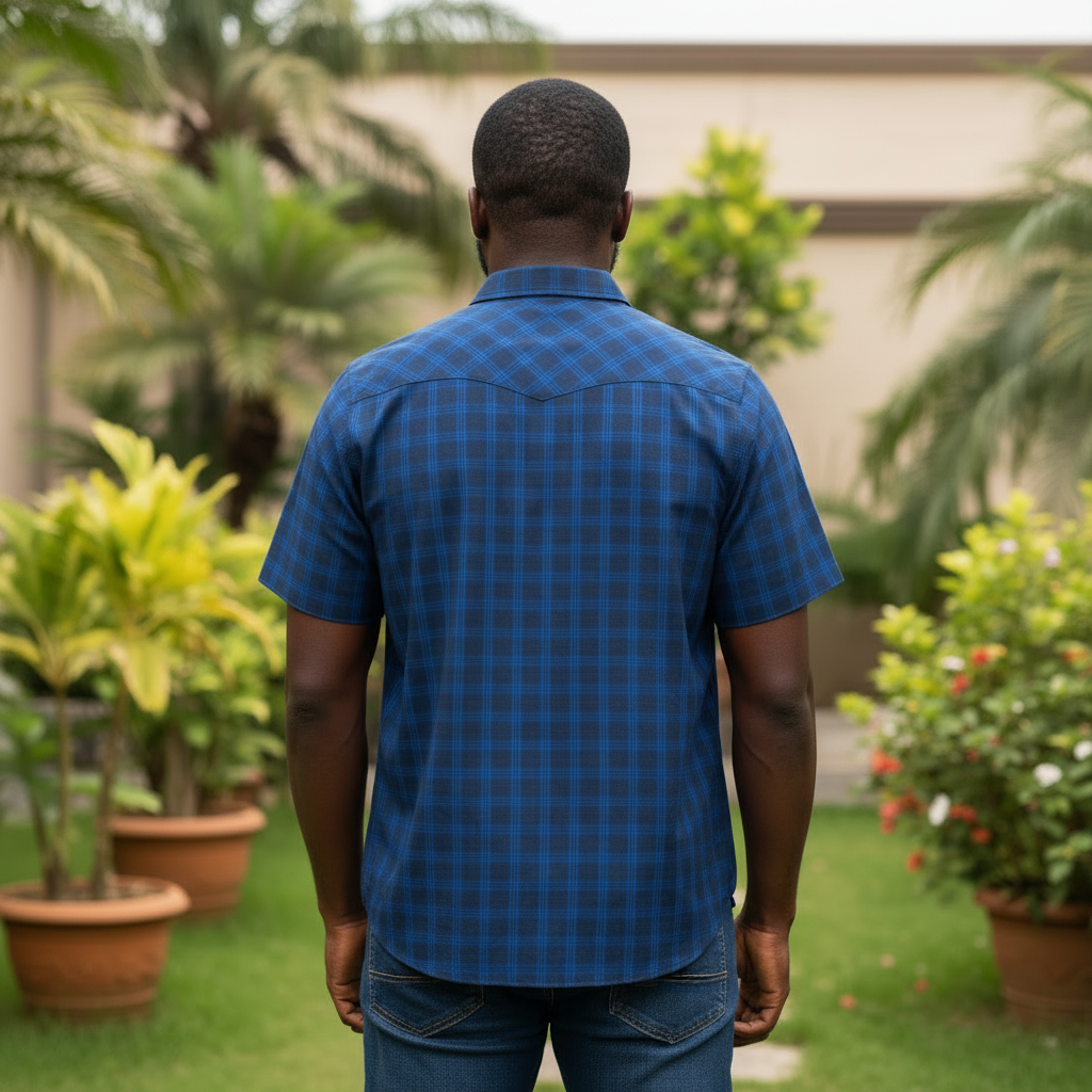 Nigerian model wearing Navy Blue Checkered Short Sleeve Shirt – Back View