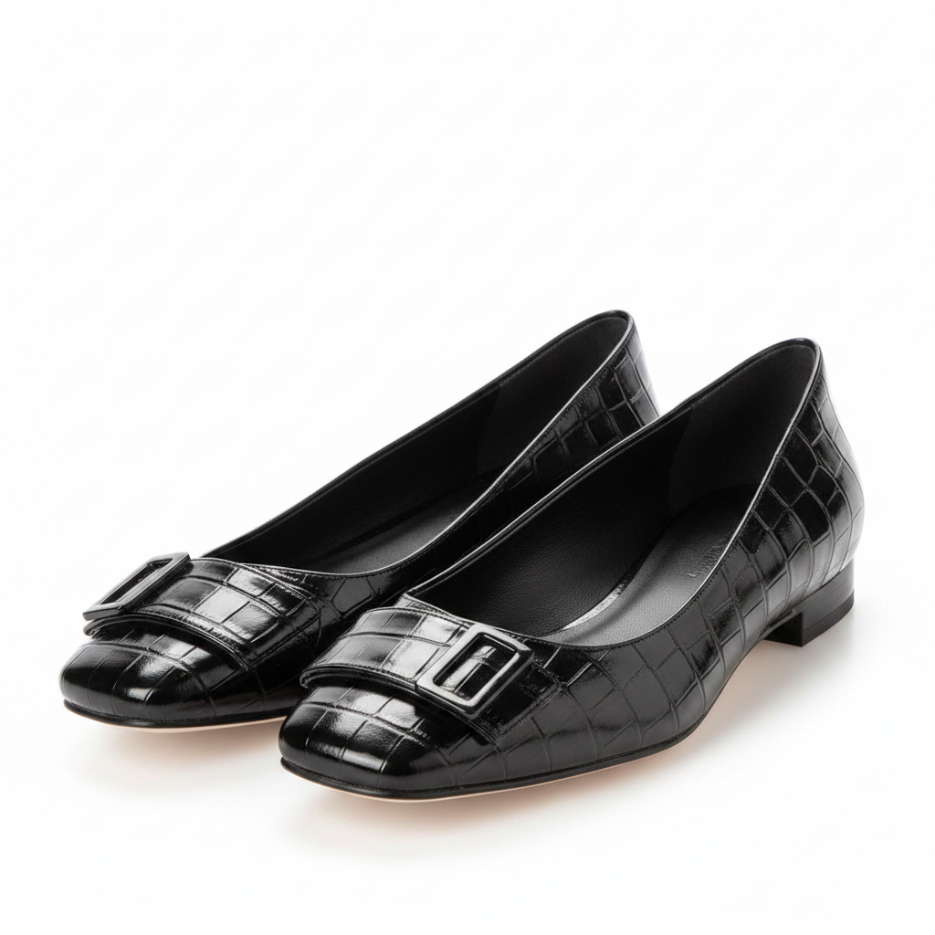 Women's black patent croc flat pumps with square buckle – ghost mannequin pair view