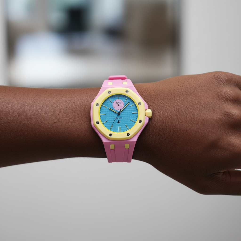 Nigerian female model wearing unisex pink octagonal pop watch with yellow bezel and sky blue dial on wrist