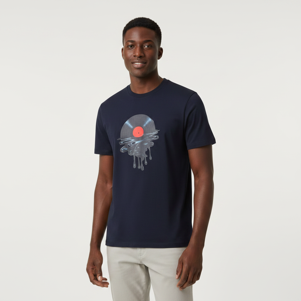 Model wearing the navy melting vinyl record graphic t-shirt