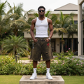 Men's Vintage Olive Brown Red Embroidery Distressed Denim Shorts – Nigerian Male Model Shot