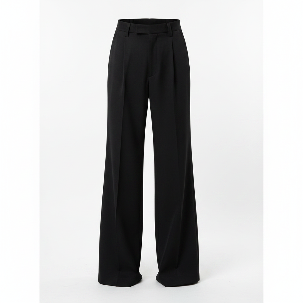 Ghost mannequin view of black wide-leg palazzo trousers