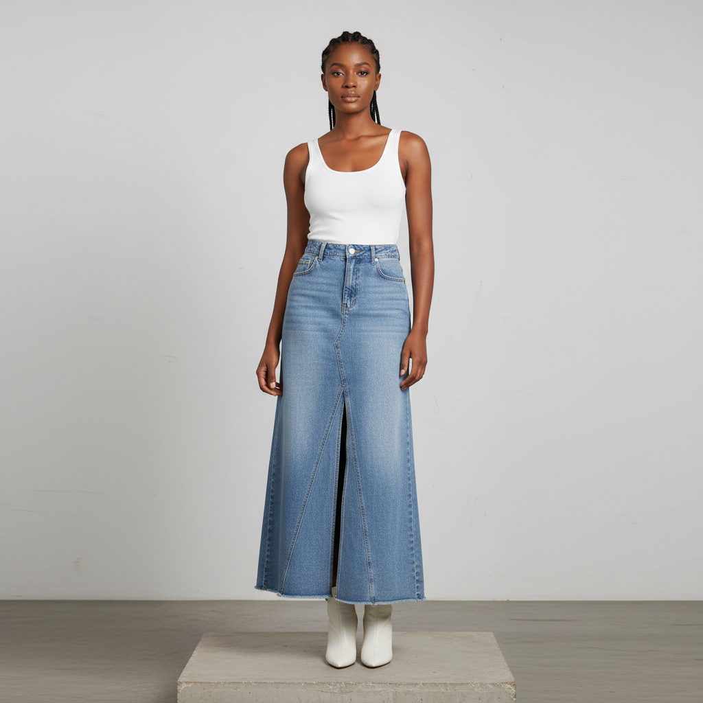 Light Blue Denim Maxi Skirt - Model Front View