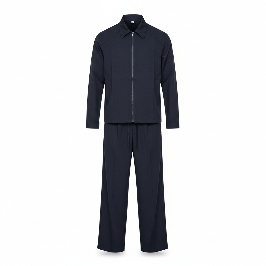 Men's dark navy blue zip utility shirt and drawstring trousers co-ord set on ghost mannequin, white background