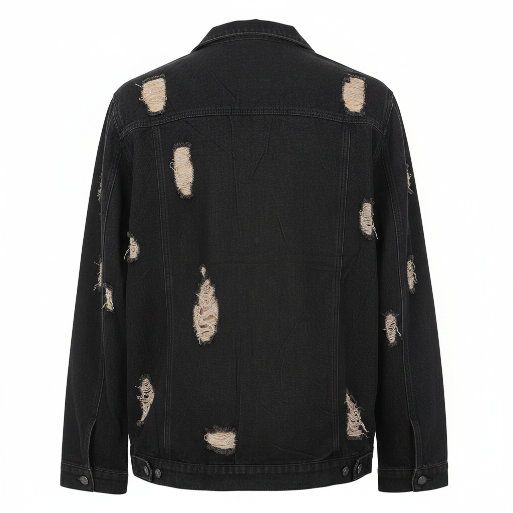 Black Distressed Denim Trucker Jacket - Ghost Mannequin Back
