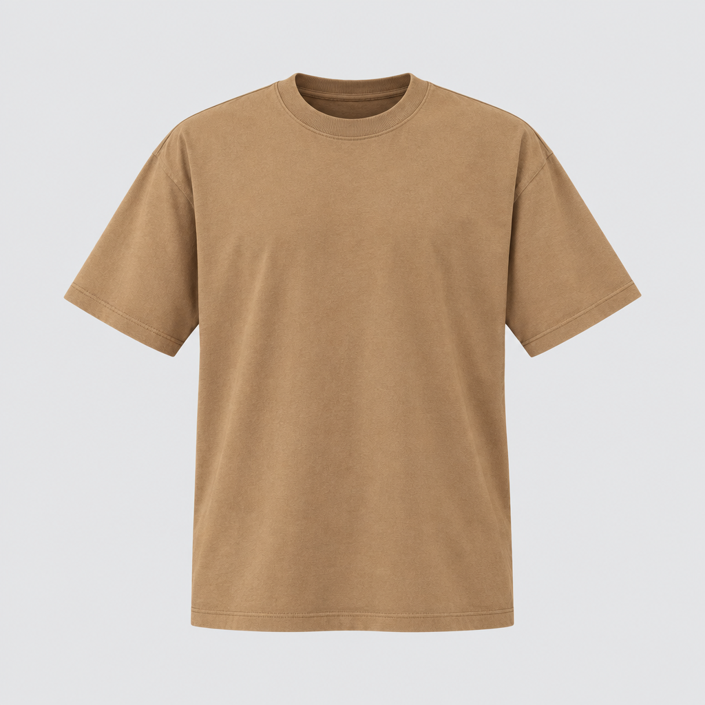 Tan crew-neck T-shirt ghost mannequin front view