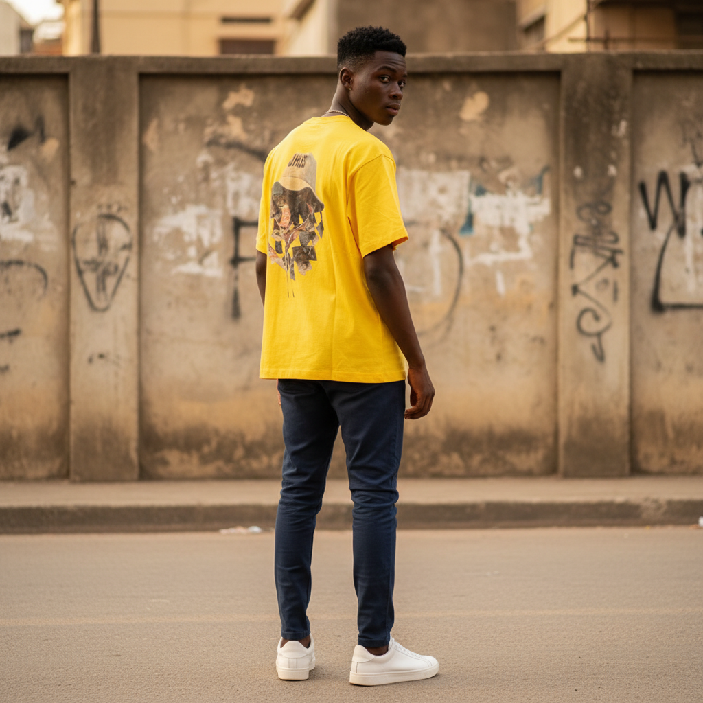 Model wearing yellow JHUS graphic tee
