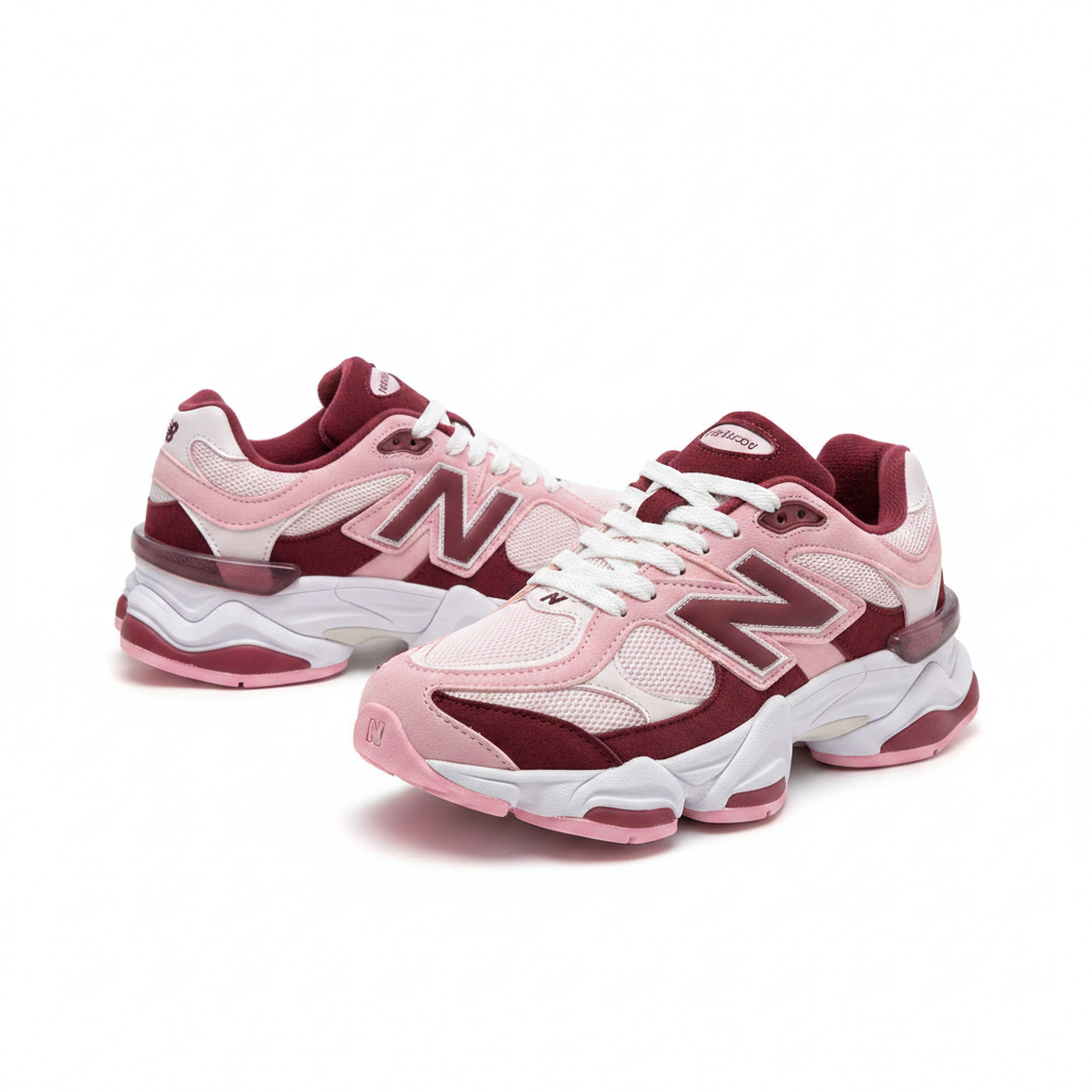 Pink and burgundy chunky dad sneaker ghost mannequin product shot, plain white background