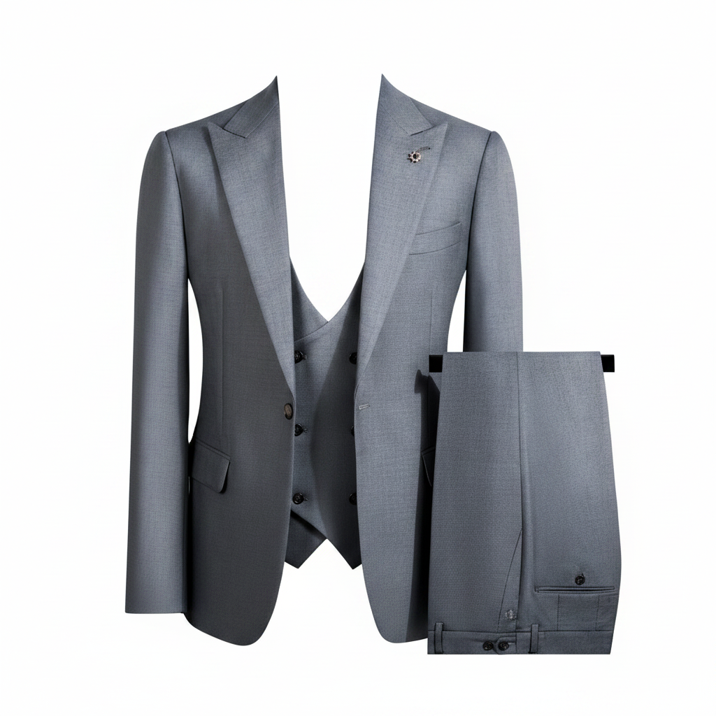 Steel grey textured 3-piece suit ghost mannequin view