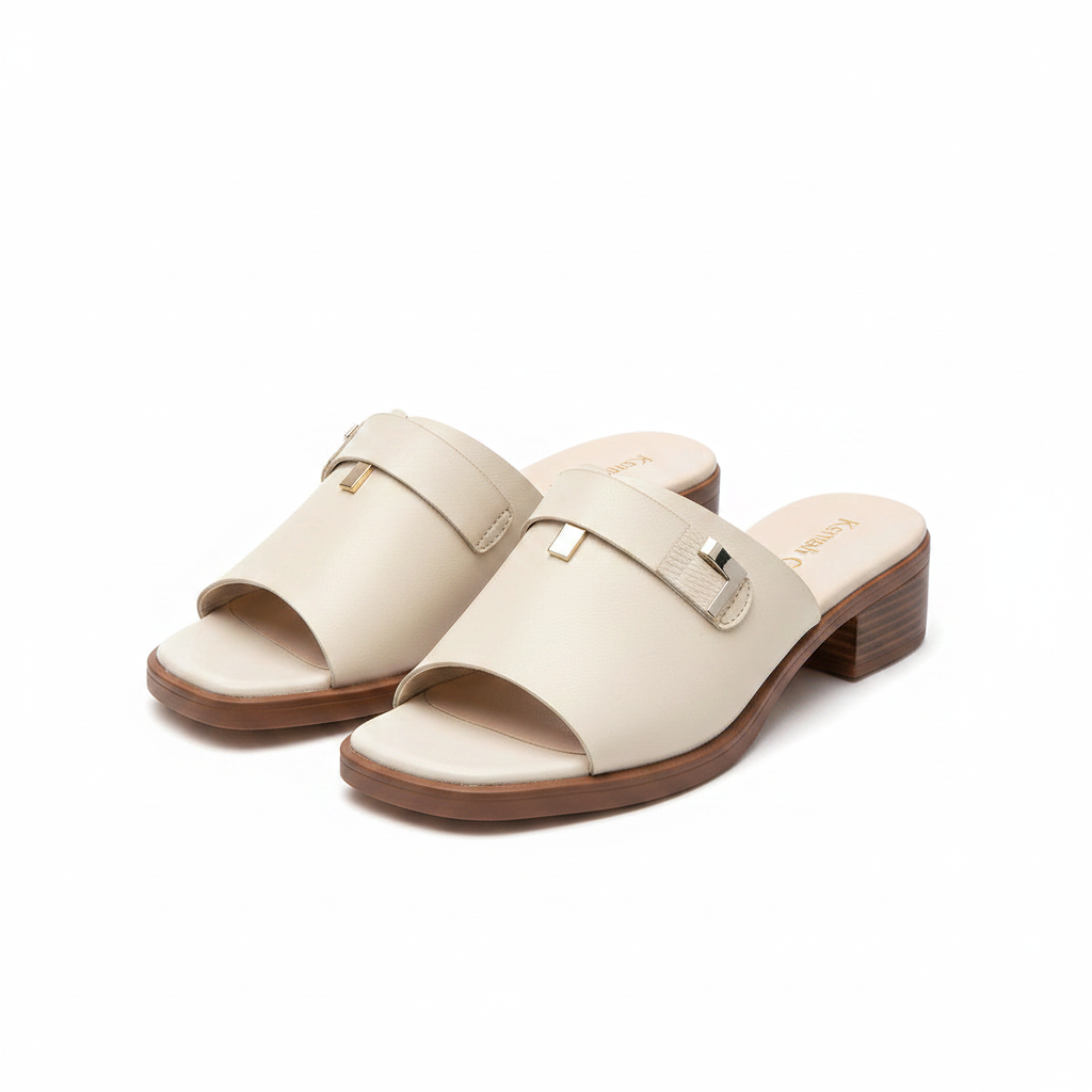 Ghost mannequin pair view of cream off-white leather T-bar block heel slide mules