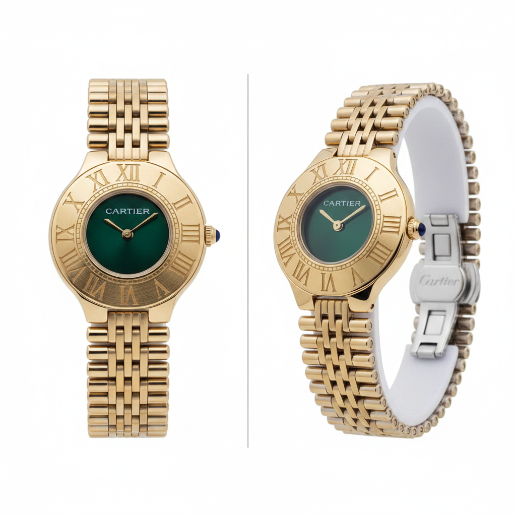 Two-tone Panthère bracelet watch with yellow gold Roman numeral bezel and emerald green dial, front and side view on white background