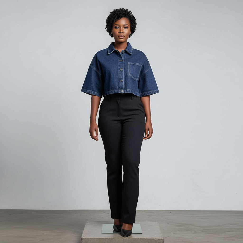 Dark Blue Cropped Short-Sleeve Denim Jacket - Model Front